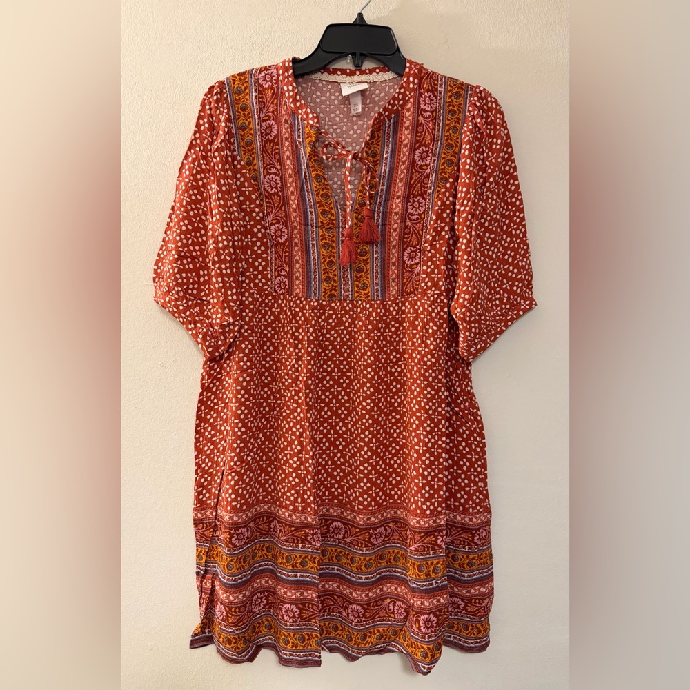 Knox Rose Boho Floral Tassel Tie Dress Oversized size XS